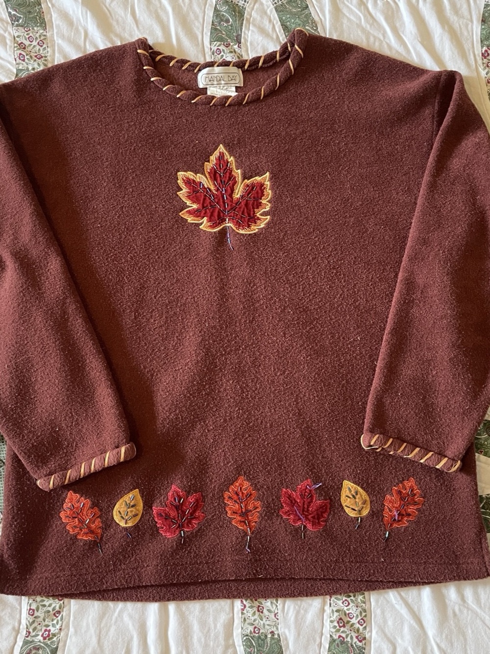Mandal Bay Embroidered Leaf Pullover in Brown Large